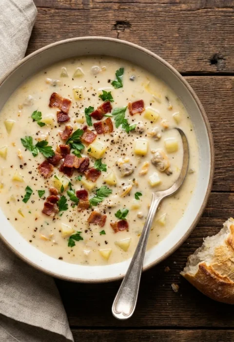 Overhead of Gordon Ramsay clam chowder with crispy bacon, potato cubes and parsley