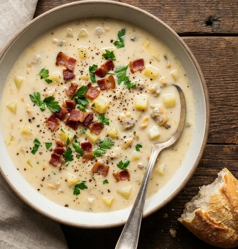 Overhead of Gordon Ramsay clam chowder with crispy bacon, potato cubes and parsley