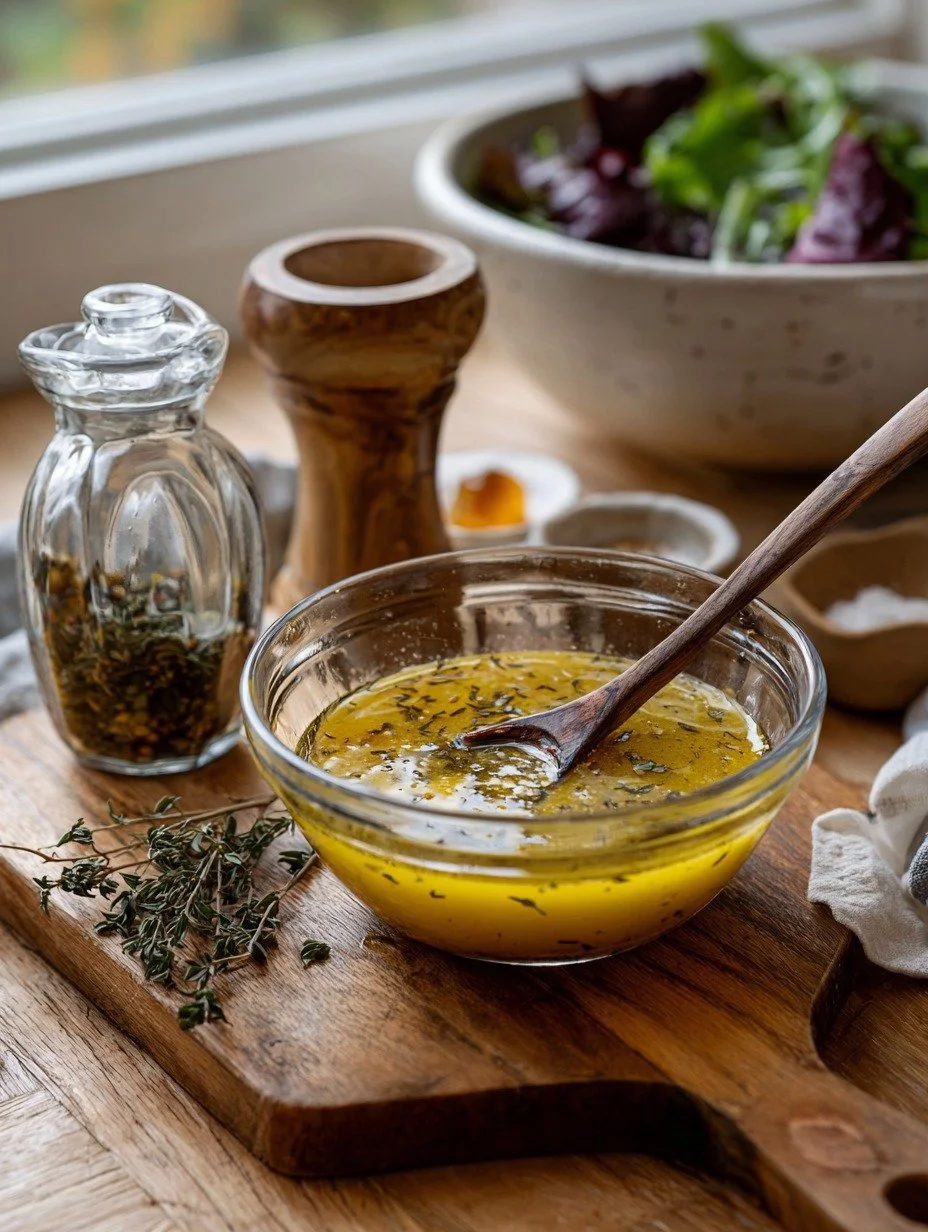 Homemade vinaigrette dressing in a glass bowl with fresh thyme and mixed salad leaves