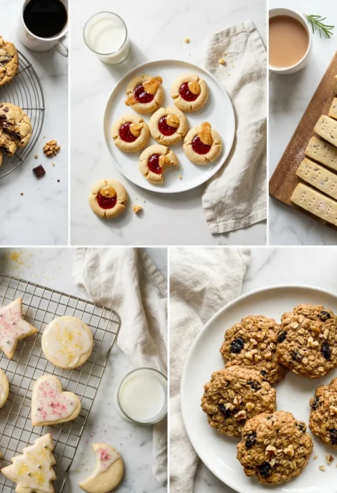 Gordon Ramsay cookie recipes from his cookbooks including chocolate chip shortbread peanut butter jam sugar and oatmeal cookies