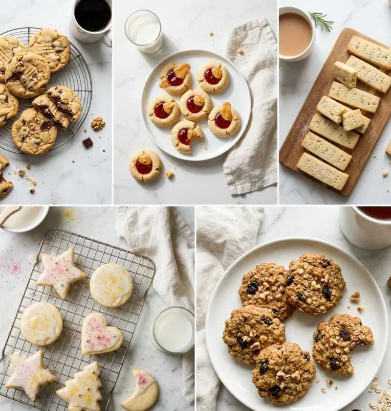 Gordon Ramsay cookie recipes from his cookbooks including chocolate chip shortbread peanut butter jam sugar and oatmeal cookies