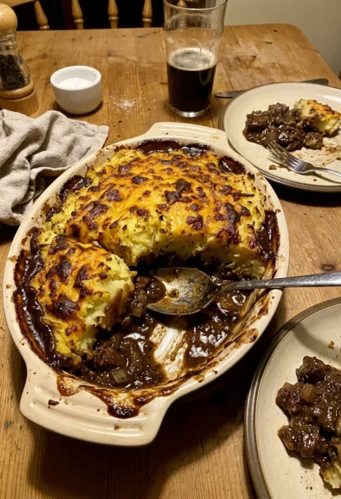 Gordon Ramsay cottage pie in a baking dish on a wooden table, golden cheesy mash with dark Guinness beef filling visible where portions have been scooped, a pint of dark beer beside it