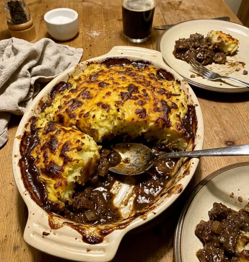 Gordon Ramsay cottage pie in a baking dish on a wooden table, golden cheesy mash with dark Guinness beef filling visible where portions have been scooped, a pint of dark beer beside it