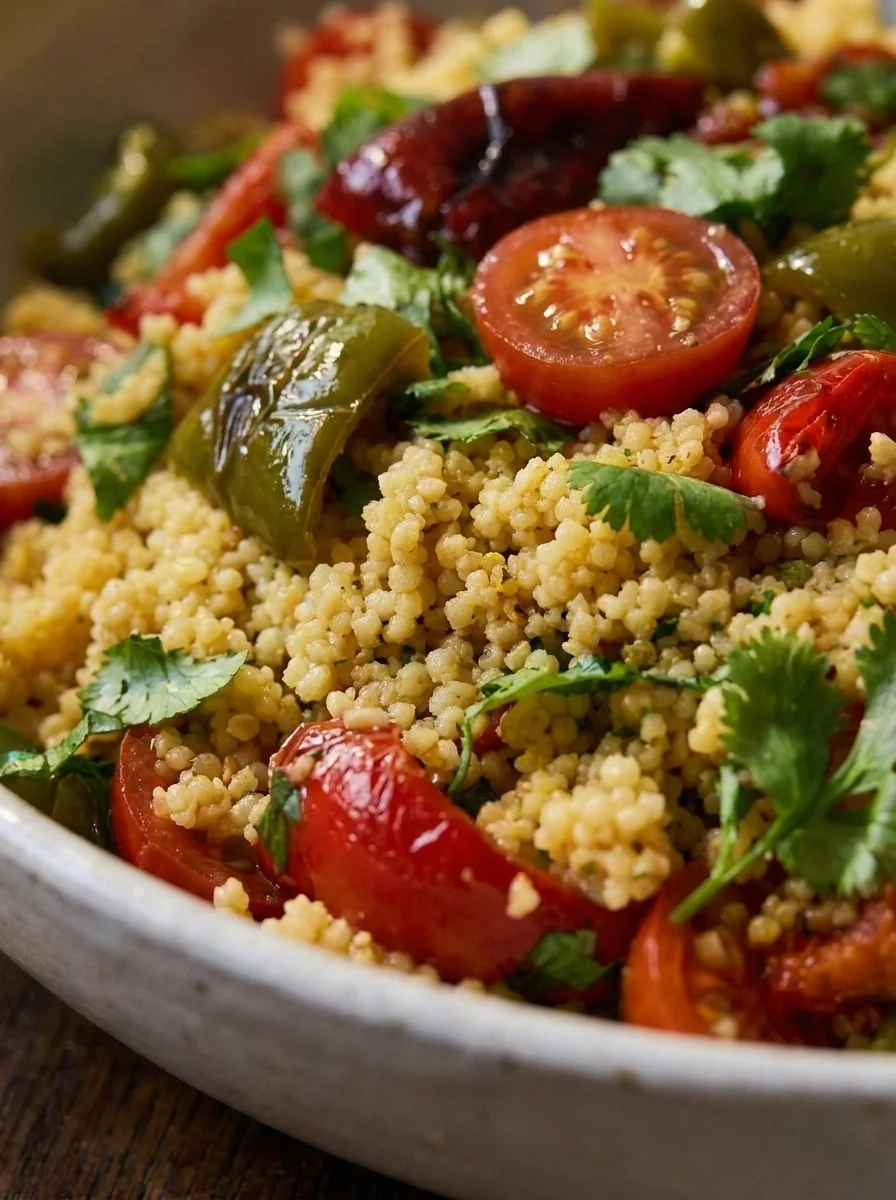 Close up of couscous grains with roasted pepper and cherry tomato