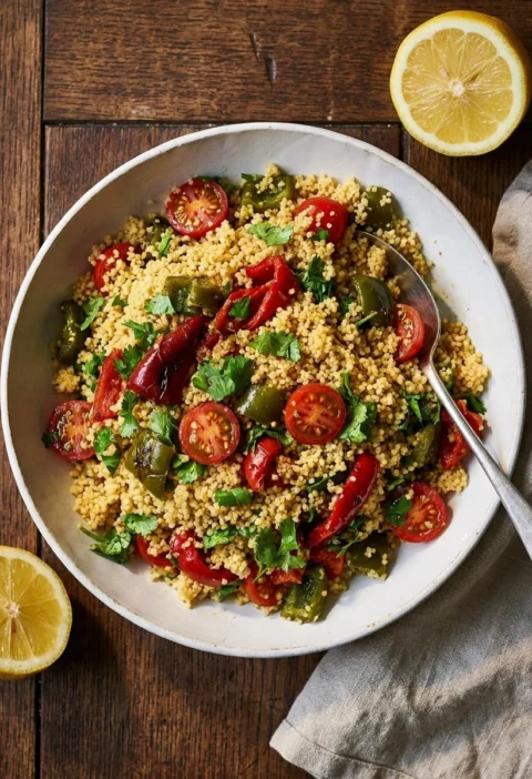 Roasted pepper couscous salad with cherry tomatoes and coriander
