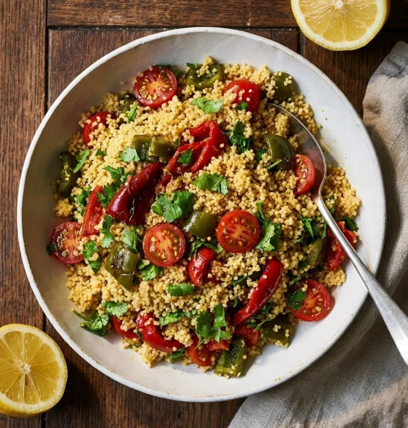 Roasted pepper couscous salad with cherry tomatoes and coriander