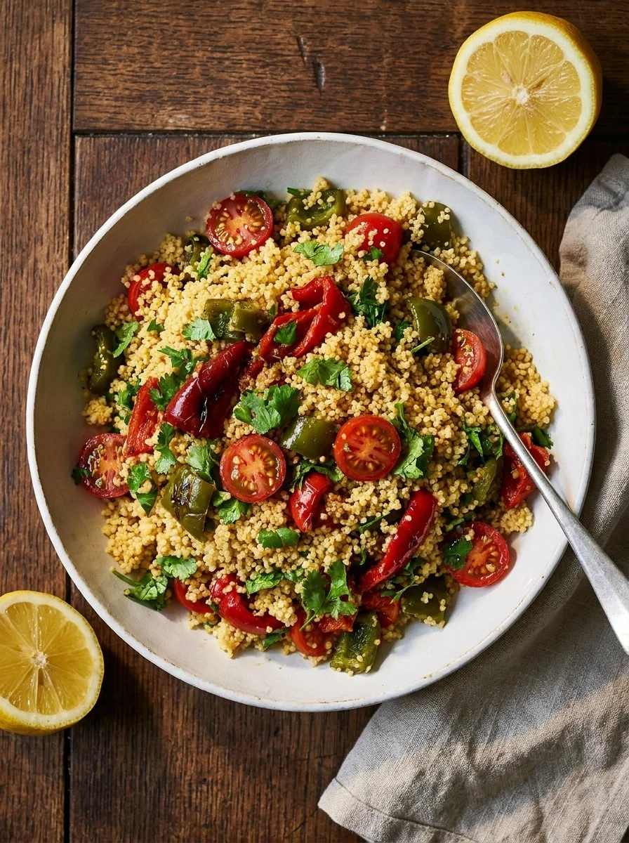 Roasted pepper couscous salad with cherry tomatoes and coriander