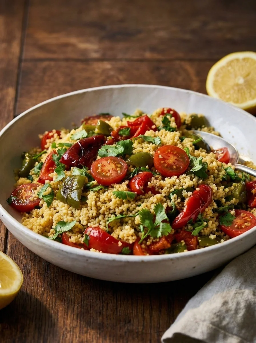 Side view of fluffy couscous with roasted red and green peppers