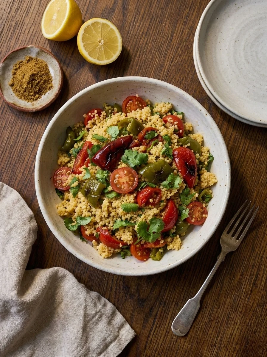 Couscous salad Mediterranean lunch on dark wood table