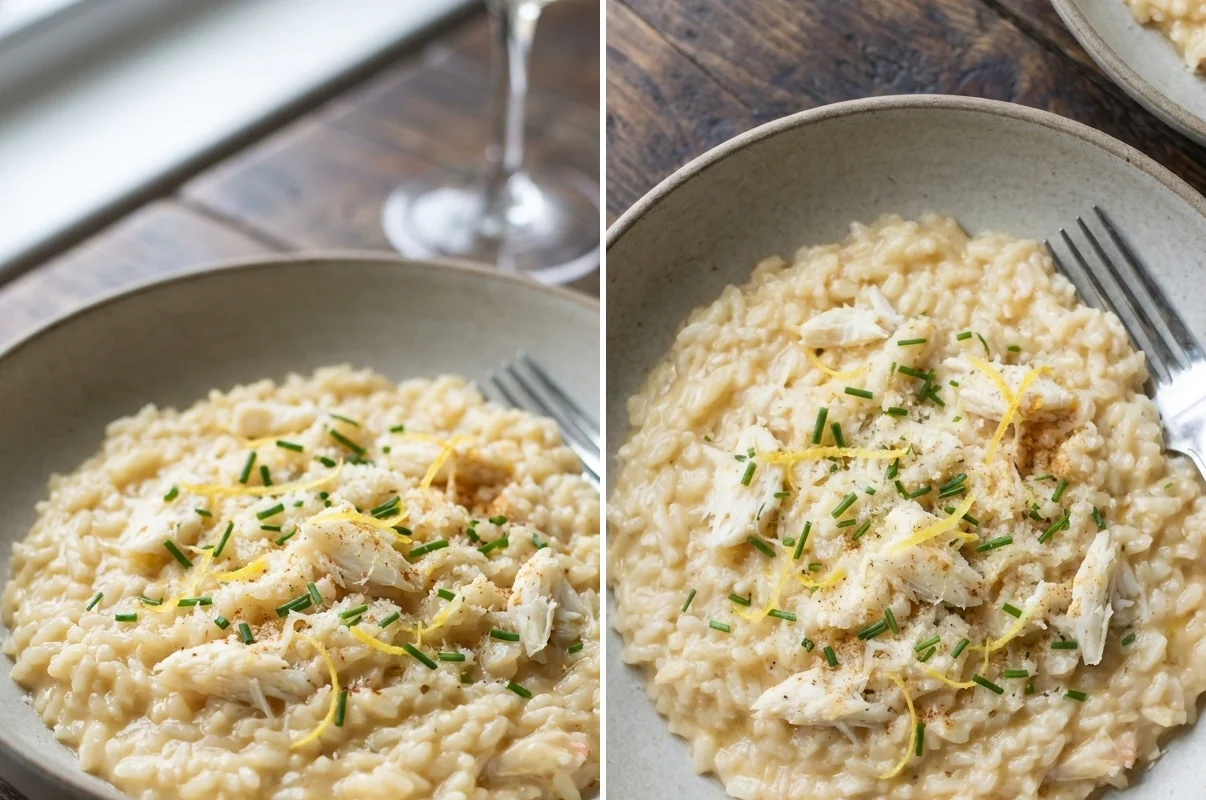 Two angles of crab risotto with delicate white crab flakes and chives