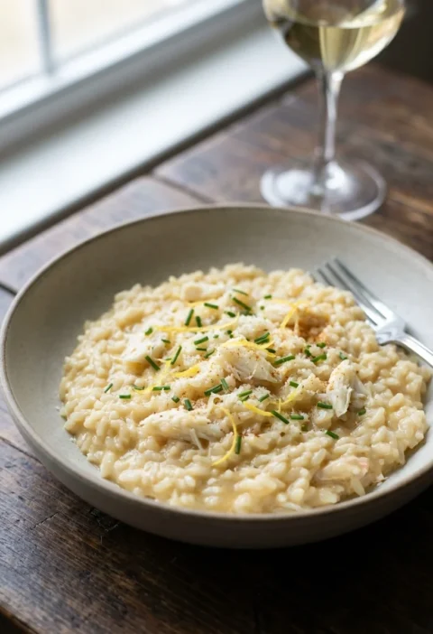 Gordon Ramsay crab risotto with white crab flakes, chives and lemon zest on creamy rice