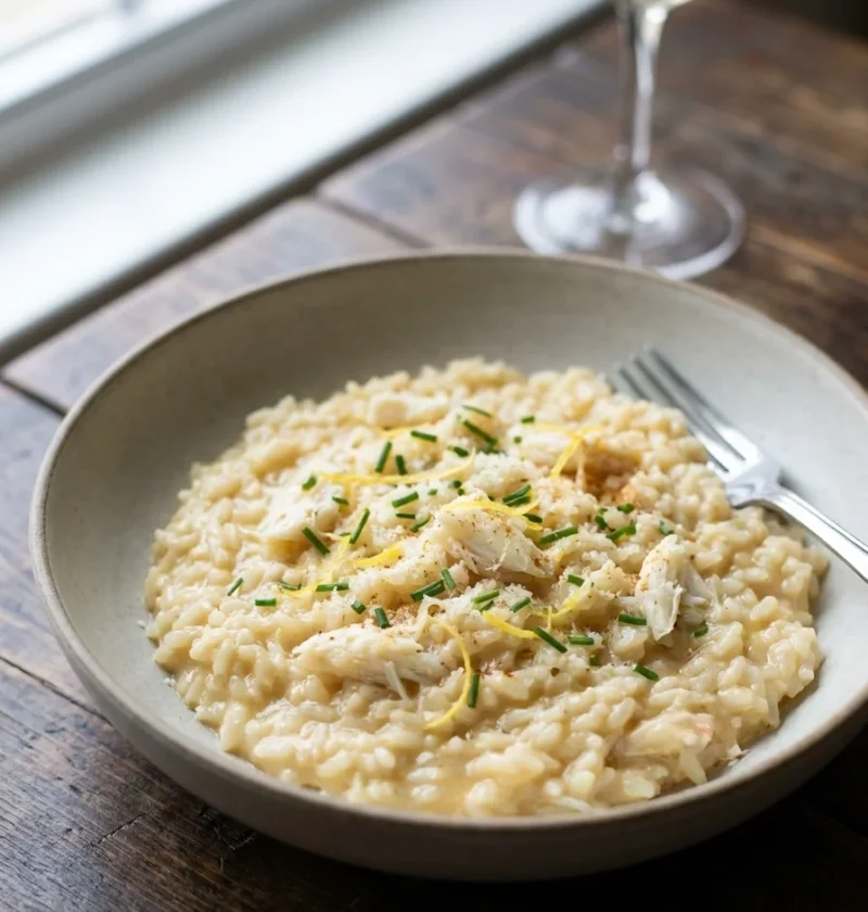 Gordon Ramsay crab risotto with white crab flakes, chives and lemon zest on creamy rice