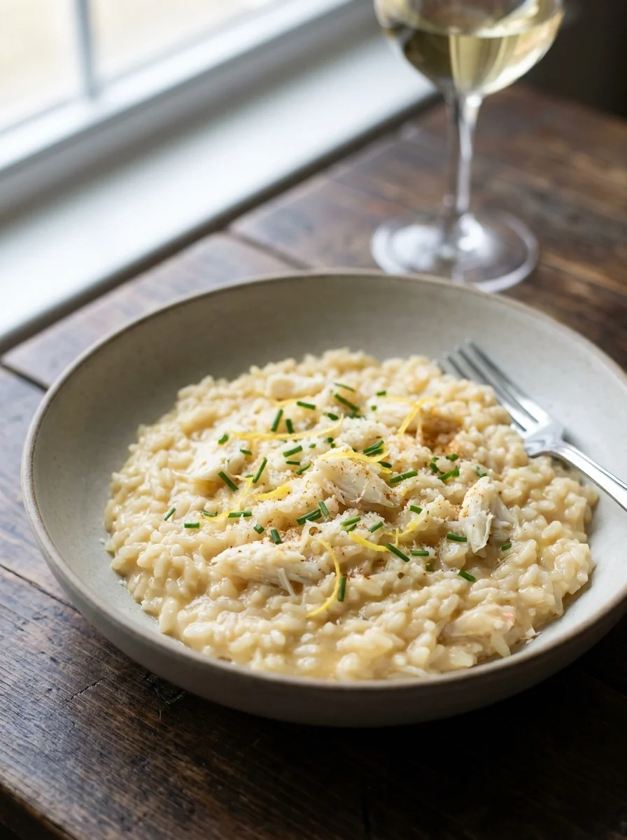 Gordon Ramsay crab risotto with white crab flakes, chives and lemon zest on creamy rice