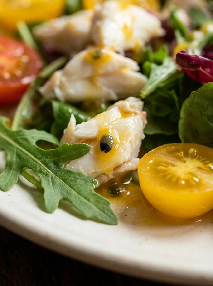 Close up of white crabmeat with passion fruit seeds and vinaigrette