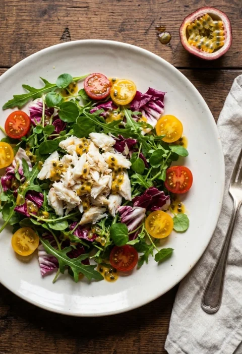 Crab salad with mixed leaves, cherry tomatoes and passion fruit vinaigrette on wood table