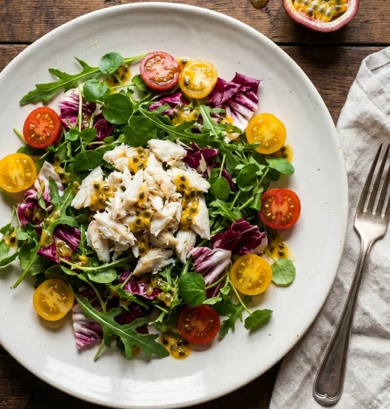 Crab salad with mixed leaves, cherry tomatoes and passion fruit vinaigrette on wood table