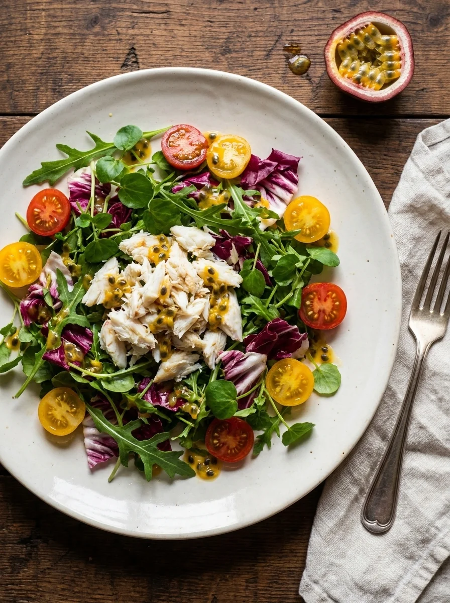 Crab salad with mixed leaves, cherry tomatoes and passion fruit vinaigrette on wood table