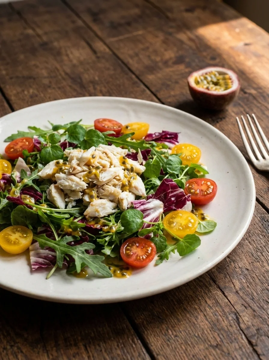 Side angle of crab salad showing flaked crabmeat and rocket leaves