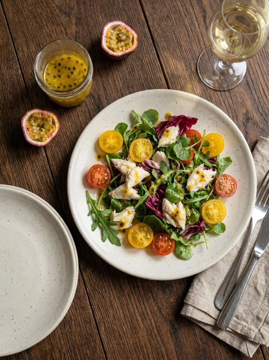 Crab salad dinner scene on dark wood table with passion fruit and wine