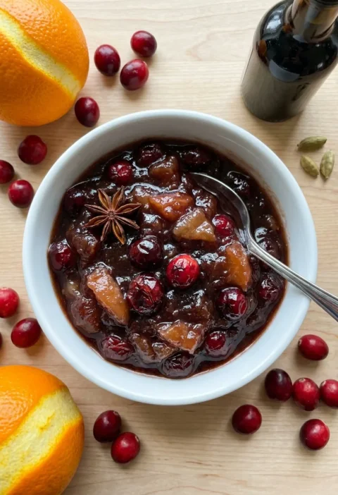 Gordon Ramsay cranberry sauce with star anise and apple in a white bowl