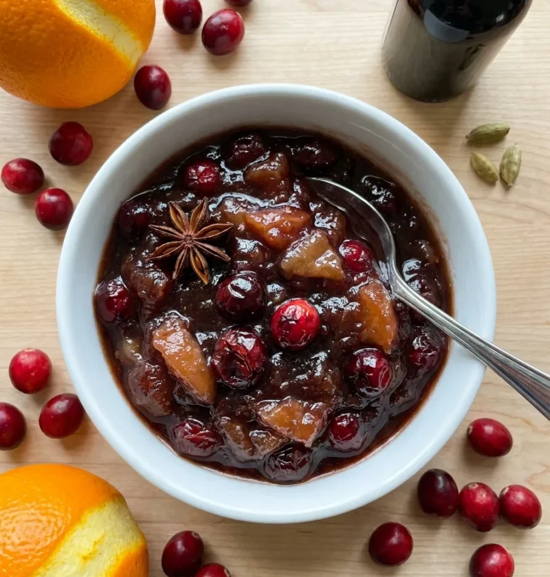 Gordon Ramsay cranberry sauce with star anise and apple in a white bowl
