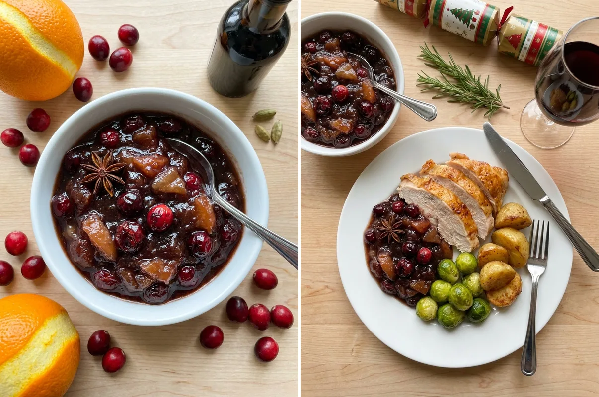 Gordon Ramsay cranberry sauce in bowl and served with roast turkey and sprouts