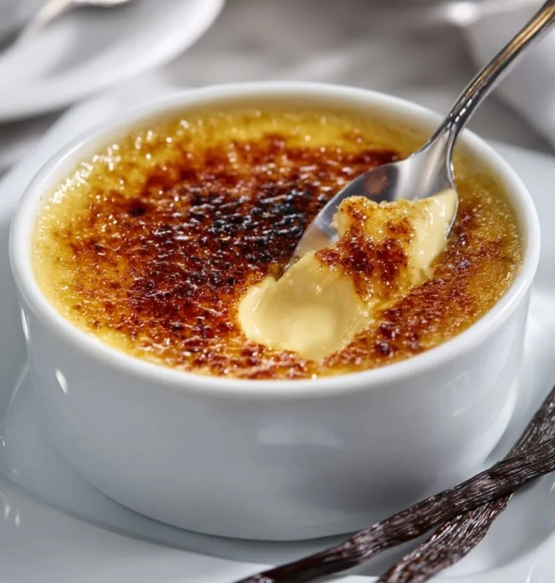 Gordon Ramsay creme brulee with caramelised sugar cracked open showing silky custard
