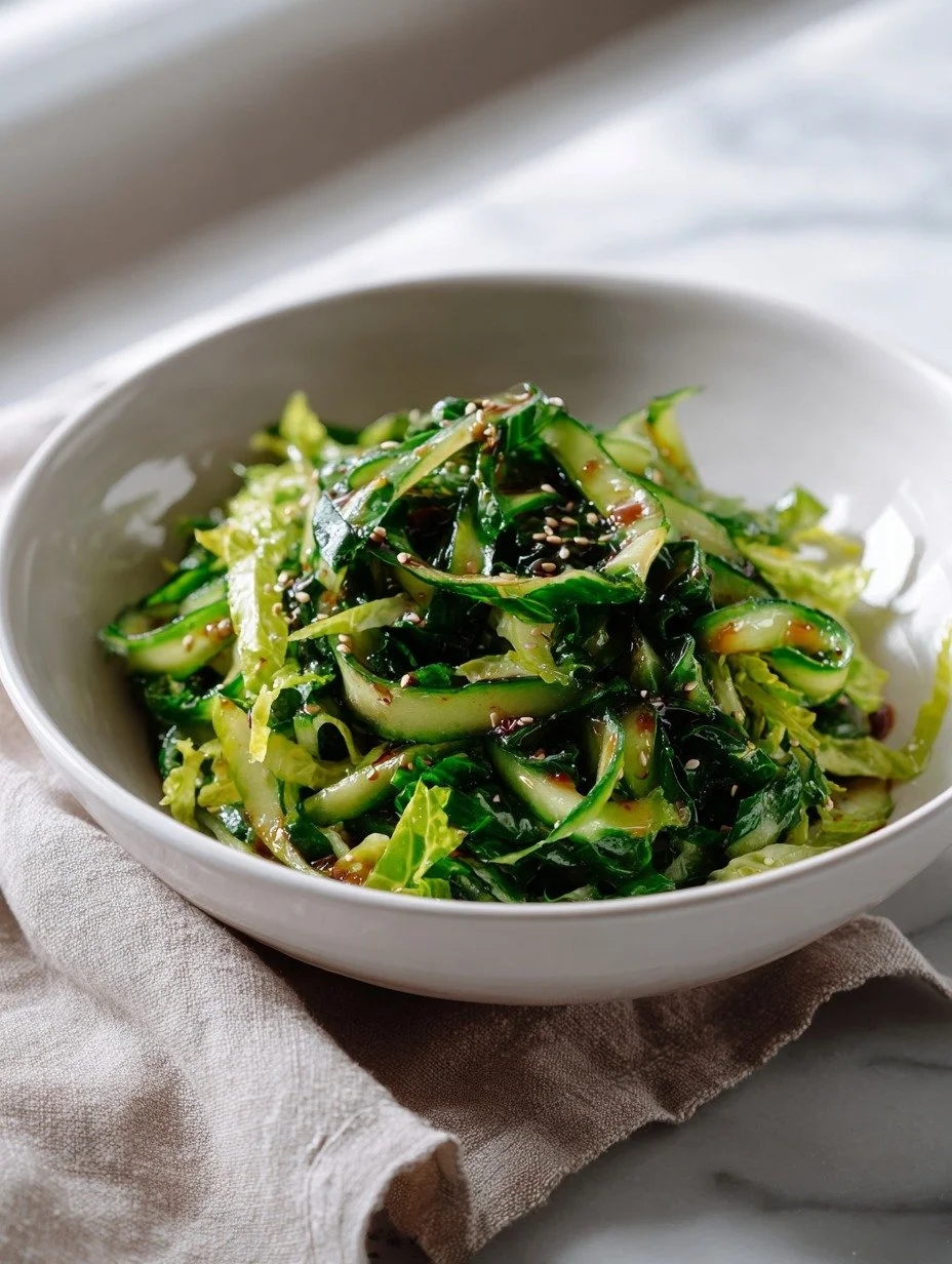 Close up of hoisin cucumber salad with glossy dressing and sesame