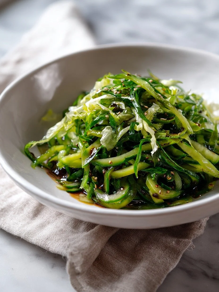 Cucumber and lettuce salad with toasted sesame seeds and dark dressing