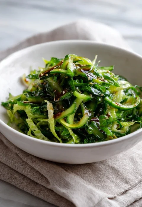 Hoisin cucumber salad with sesame seeds, lettuce ribbons and soy dressing