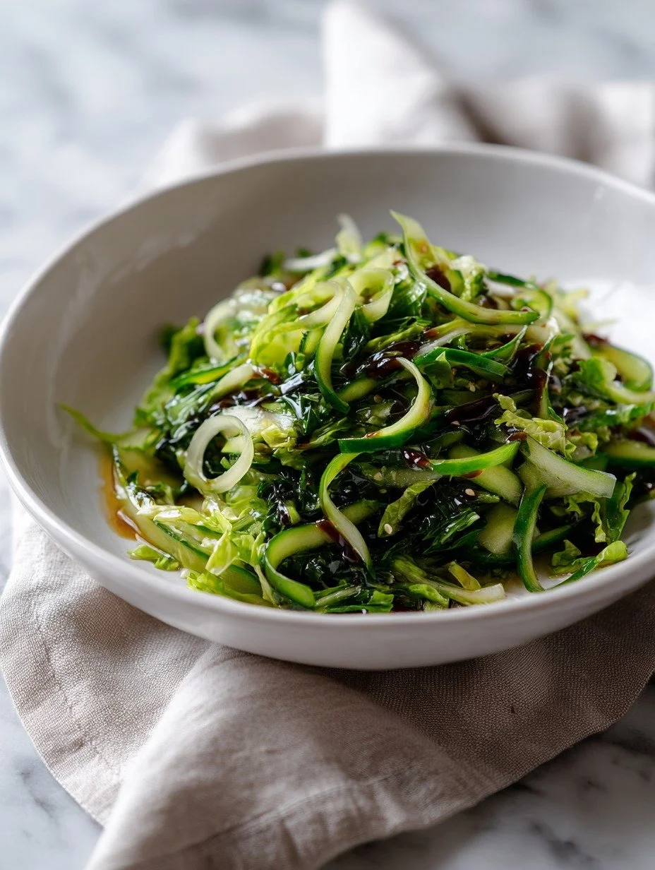 Cucumber salad showing spring onion rings and hoisin dressing