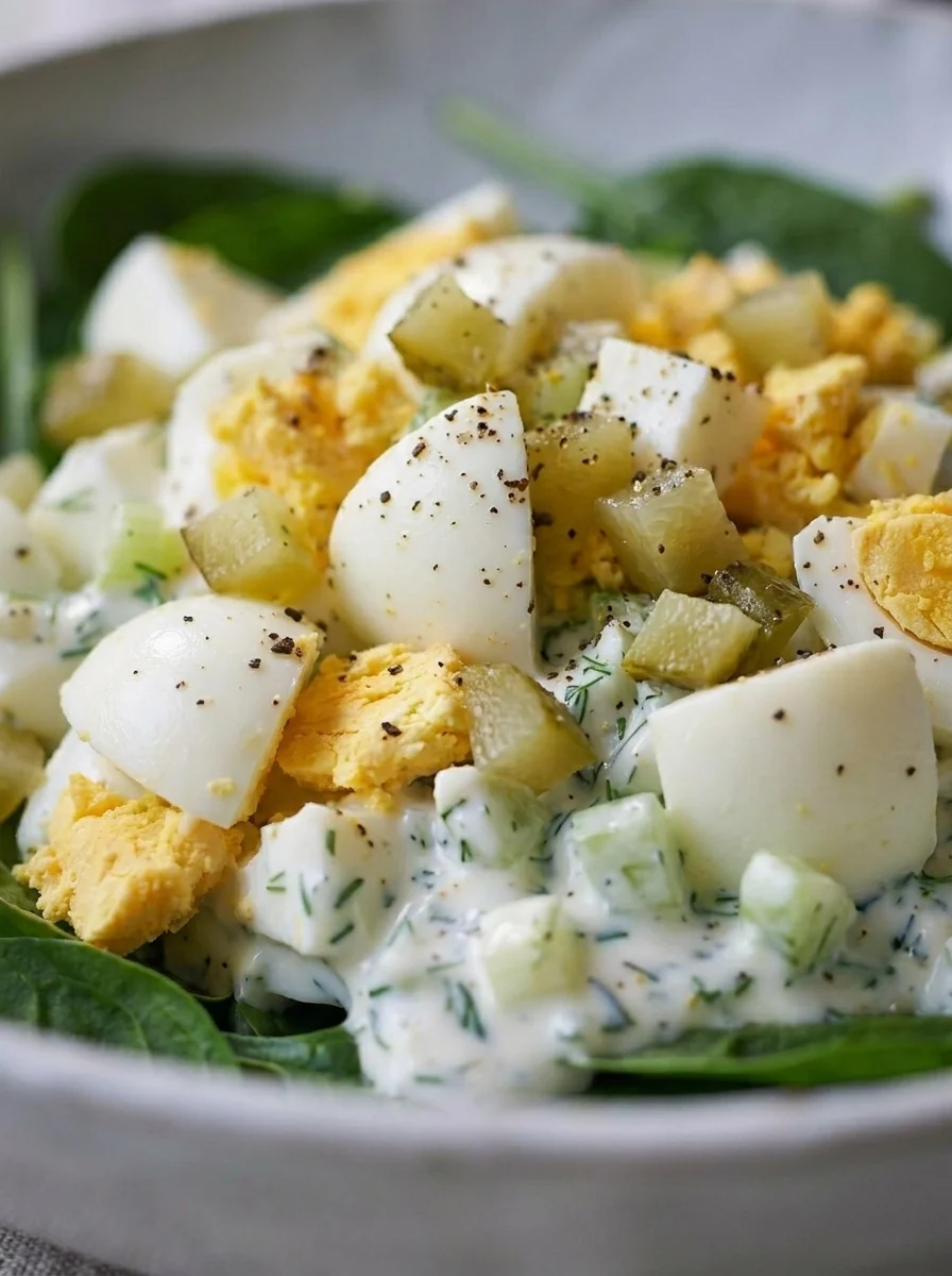 Close up of diced egg with yoghurt dressing, dill and gherkin