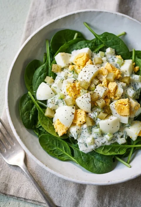 Egg salad with diced eggs and yoghurt dill dressing on baby spinach