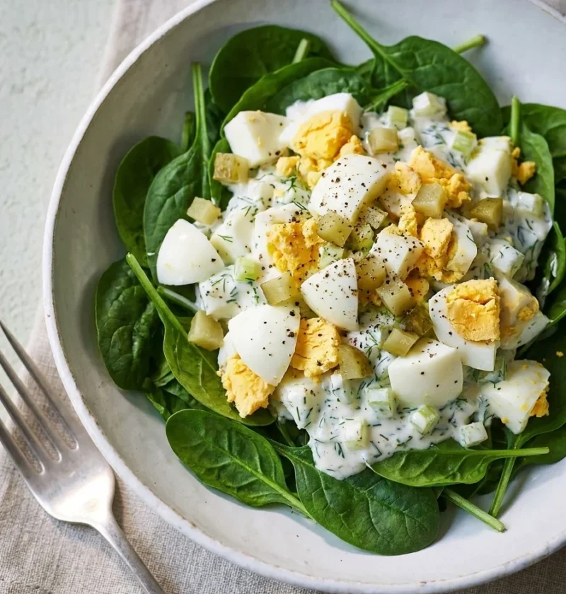 Egg salad with diced eggs and yoghurt dill dressing on baby spinach
