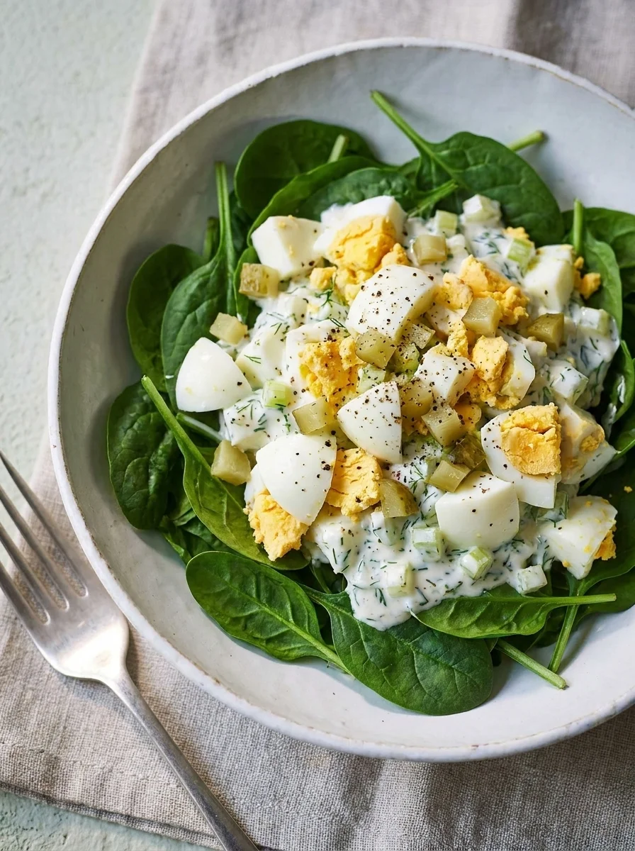 Egg salad with diced eggs and yoghurt dill dressing on baby spinach