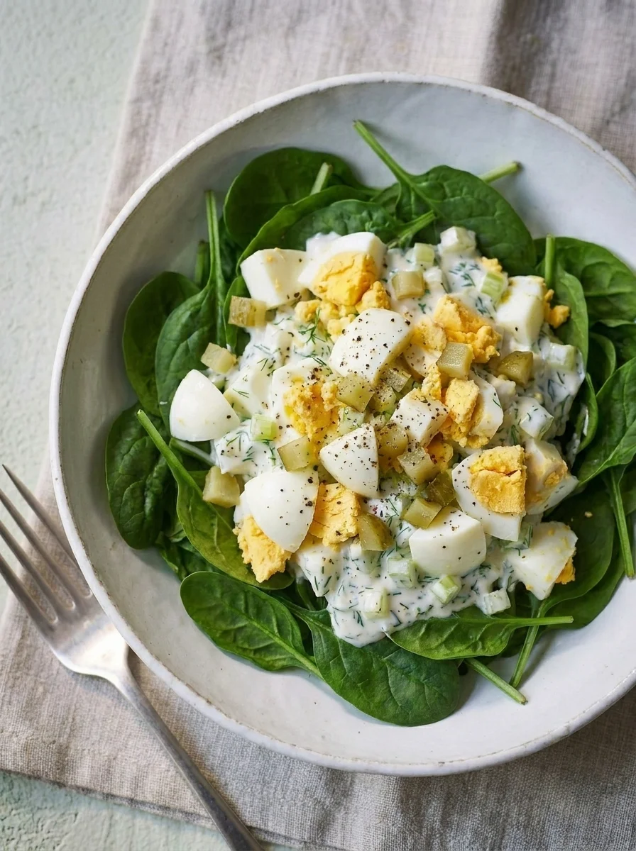 Overhead view of egg salad showing spinach bed and chunky egg mixture