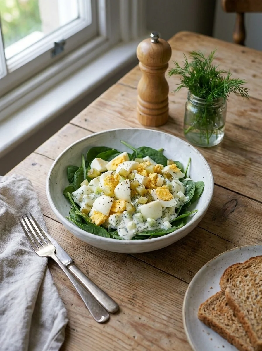 Egg salad lunch scene on table with pepper mill and dill