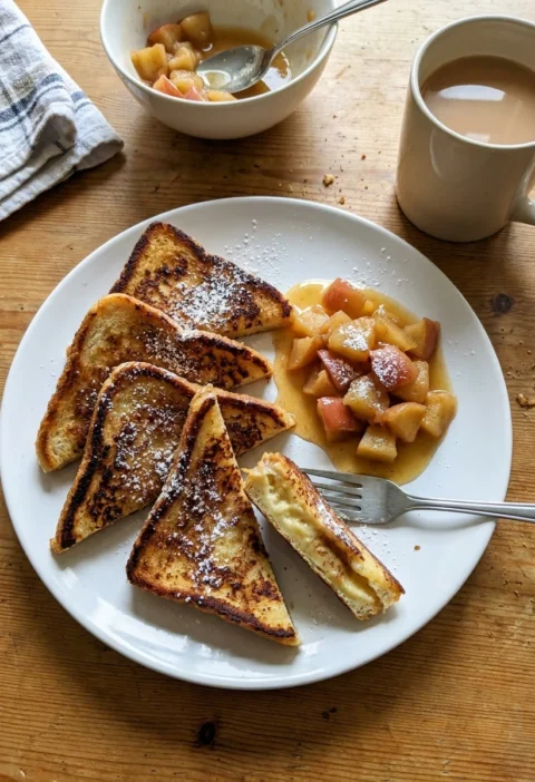 Gordon Ramsay eggy bread triangles with stewed apples and icing sugar on a white plate