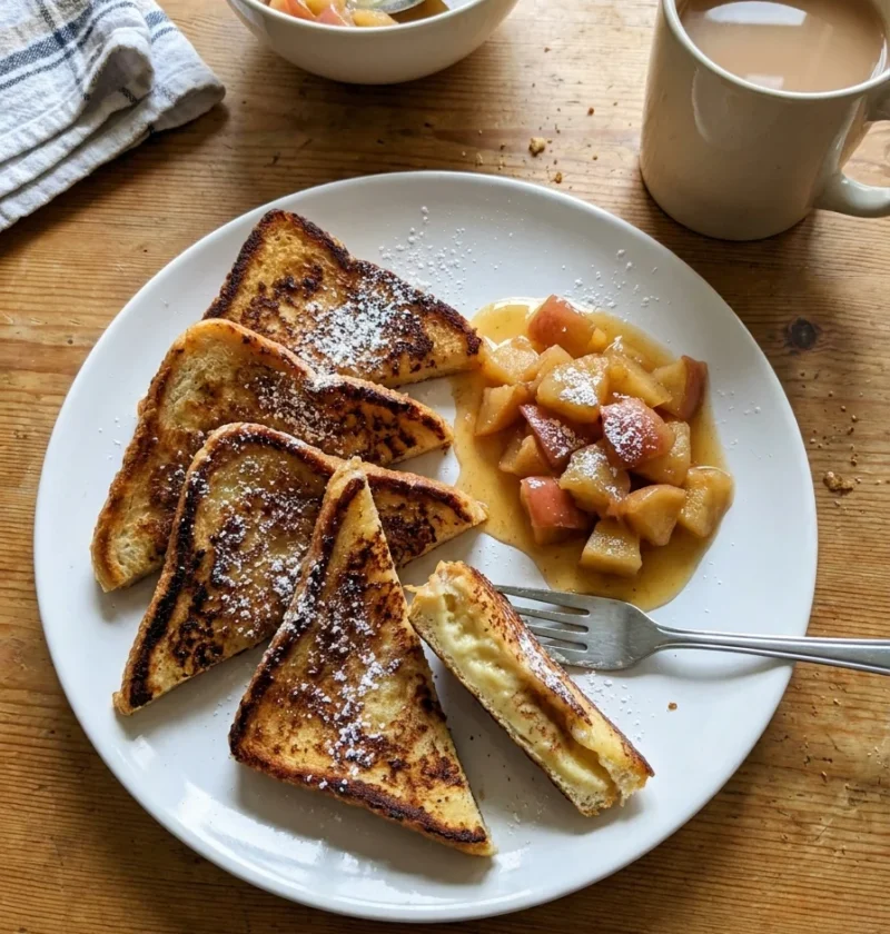 Gordon Ramsay eggy bread triangles with stewed apples and icing sugar on a white plate