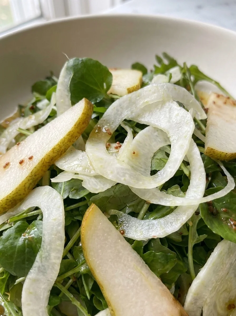 Close up of paper-thin fennel shavings with watercress and mustard dressing