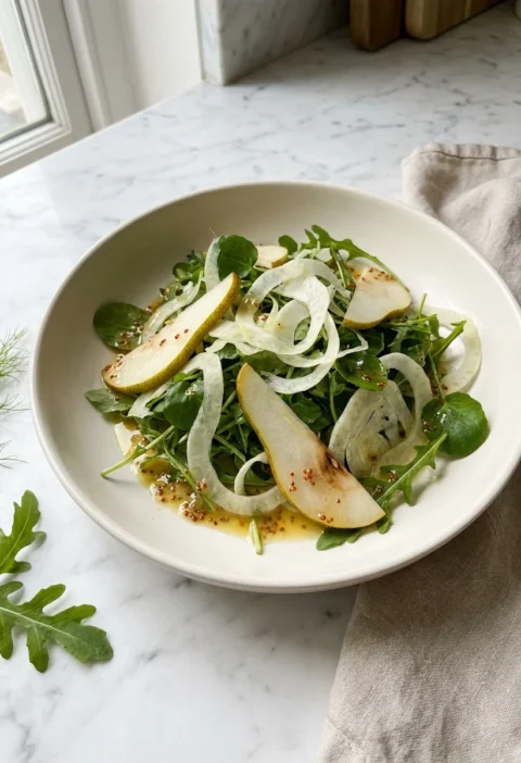 Fennel salad with shaved fennel, pear slices, watercress and rocket in a white bowl