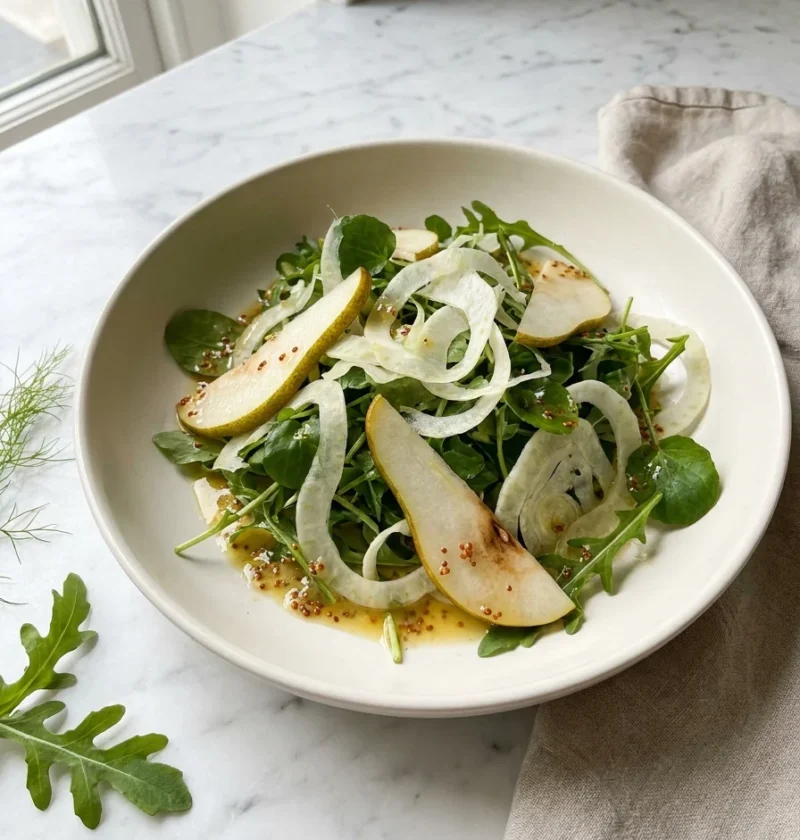 Fennel salad with shaved fennel, pear slices, watercress and rocket in a white bowl