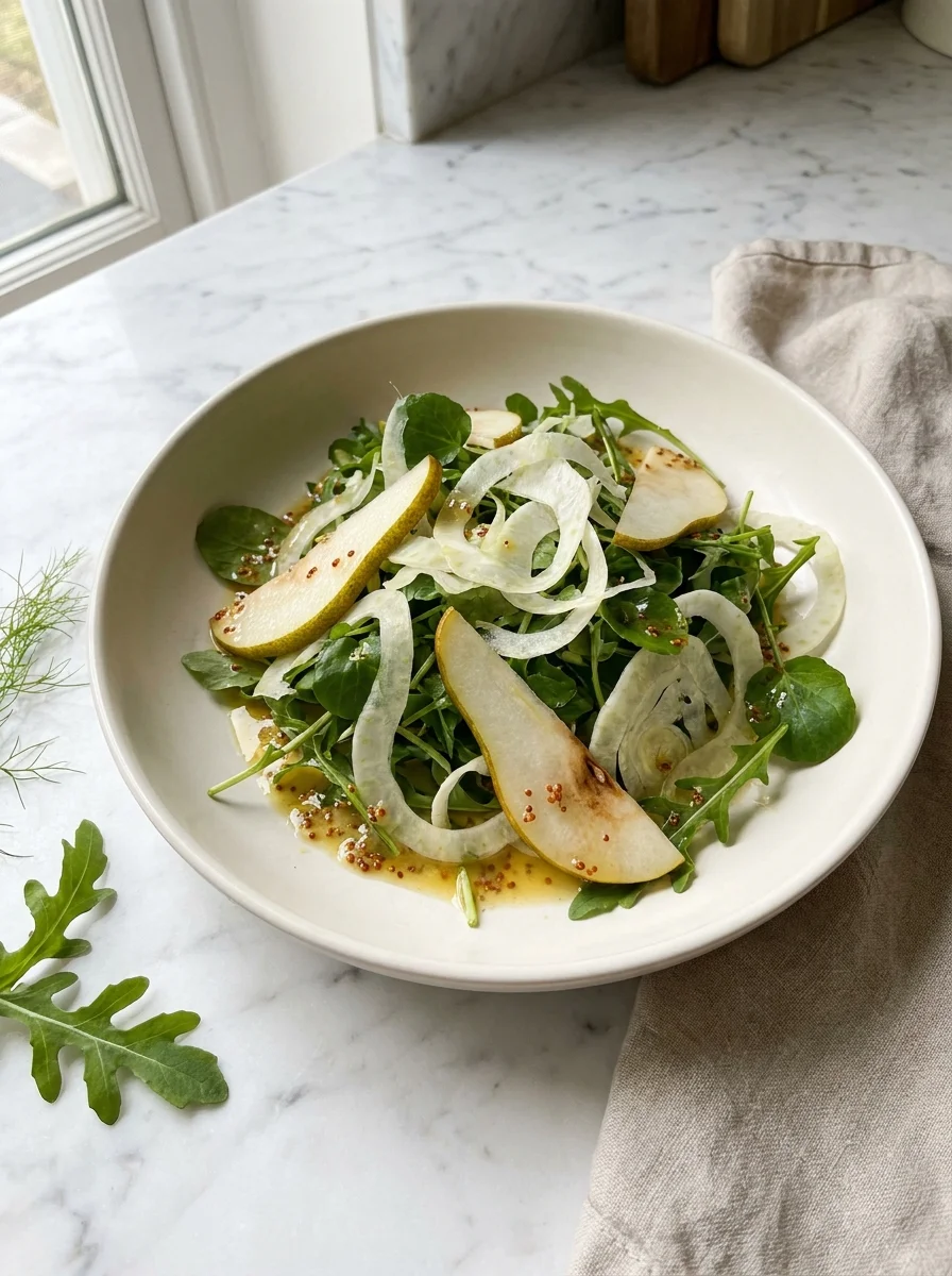 Fennel salad with shaved fennel, pear slices, watercress and rocket in a white bowl