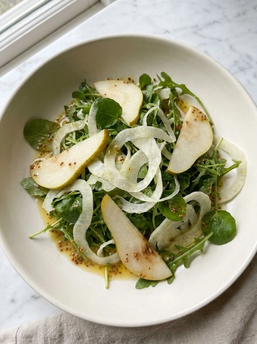 Overhead view of fennel and pear salad with honey mustard vinaigrette