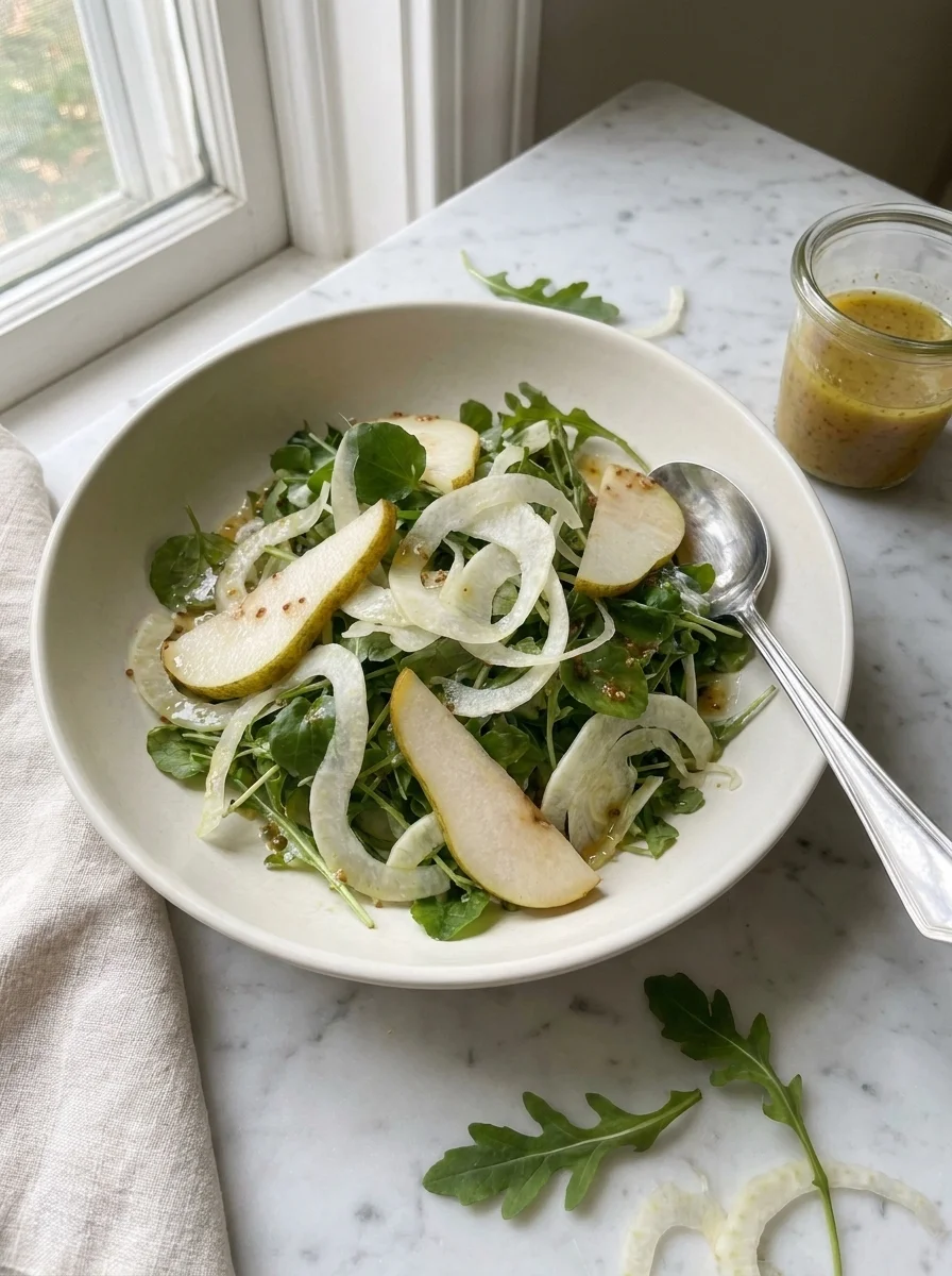 Fennel salad on marble table with serving spoon and vinaigrette jar