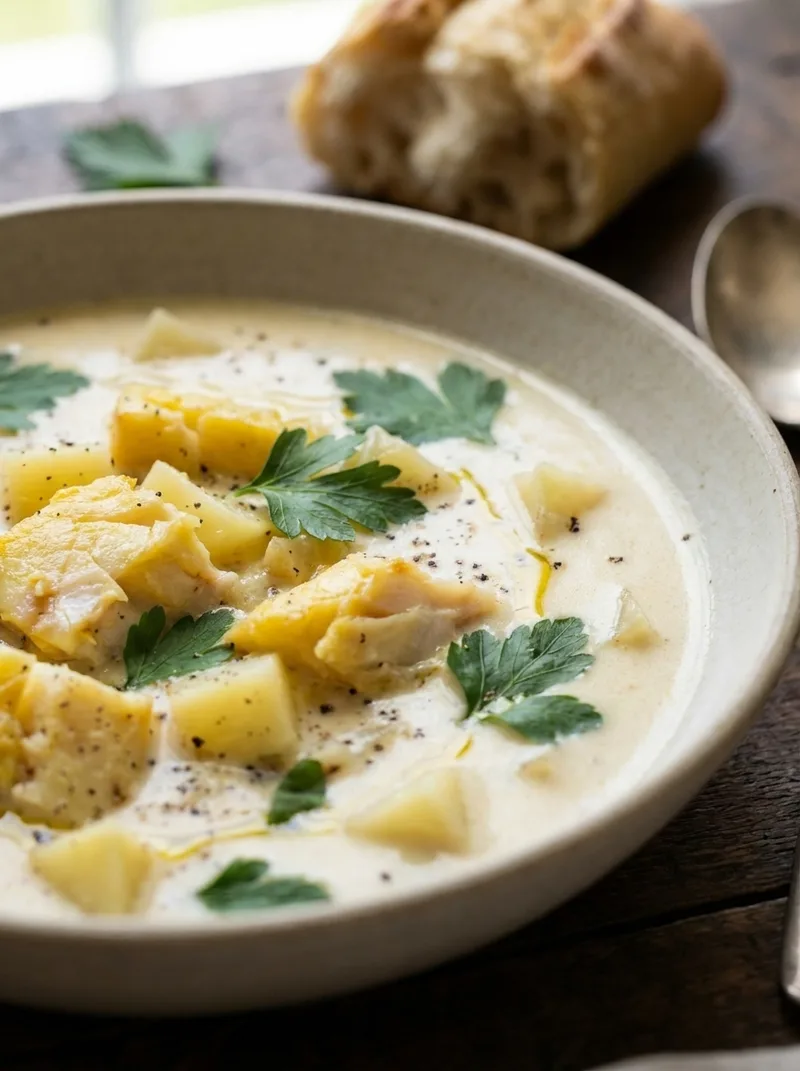 Close-up of fish chowder showing smoked haddock chunks and potatoes in creamy broth