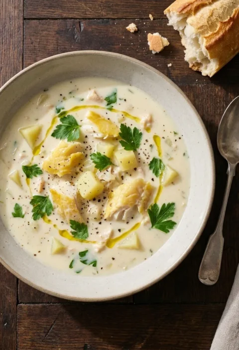 Overhead view of Gordon Ramsay fish chowder with chunky smoked haddock, diced potatoes, parsley and olive oil drizzle