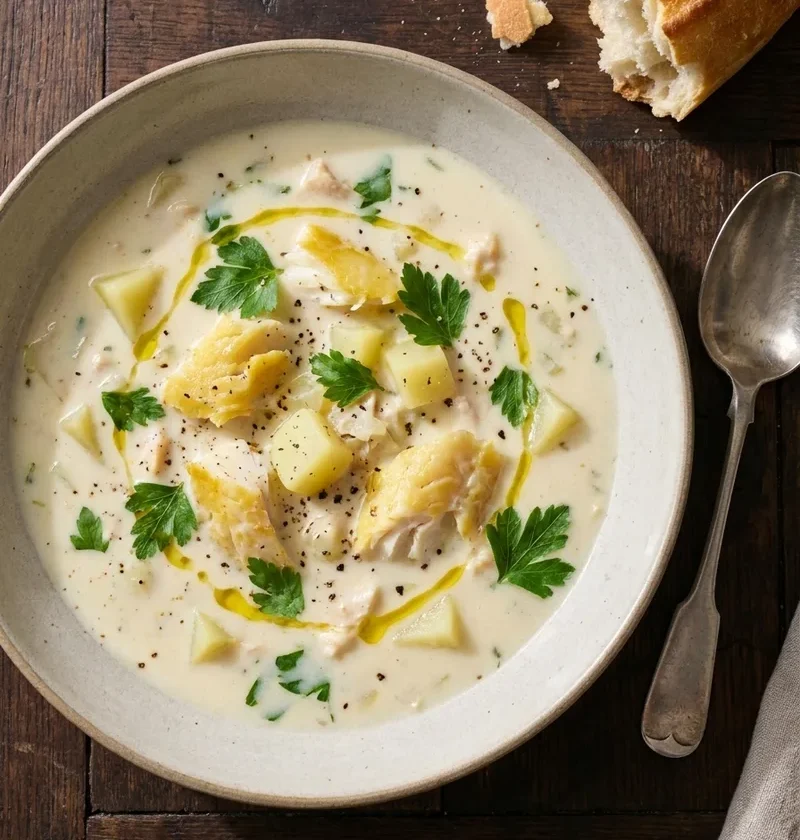 Overhead view of Gordon Ramsay fish chowder with chunky smoked haddock, diced potatoes, parsley and olive oil drizzle