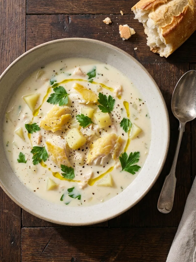 Overhead view of Gordon Ramsay fish chowder with chunky smoked haddock and potatoes