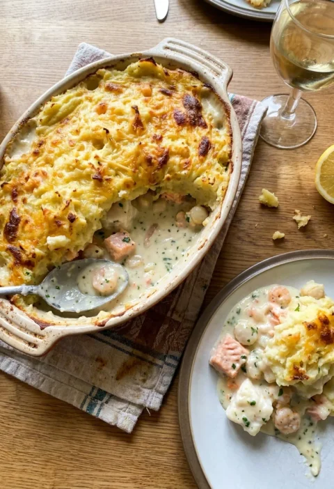 Gordon Ramsay fish pie in an oval baking dish, golden cheesy mash with a portion scooped out showing creamy white sauce with salmon chunks prawns and scallops, a glass of white wine beside it
